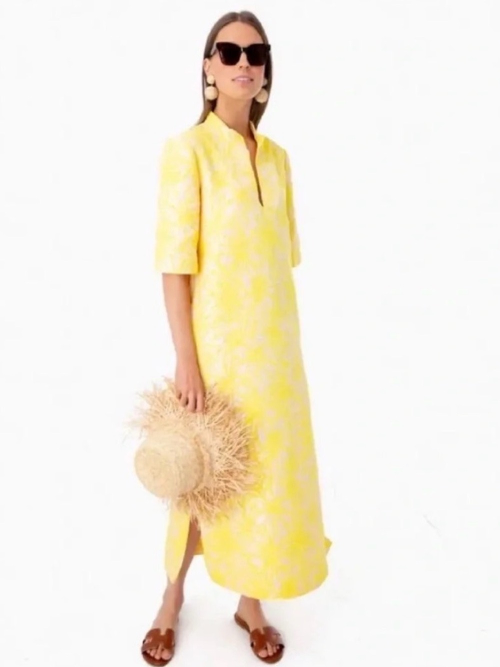 Tuckernuck Yellow/Pale Pink Jacquard Culebra Tunic Caftan Dress XXS NWT!